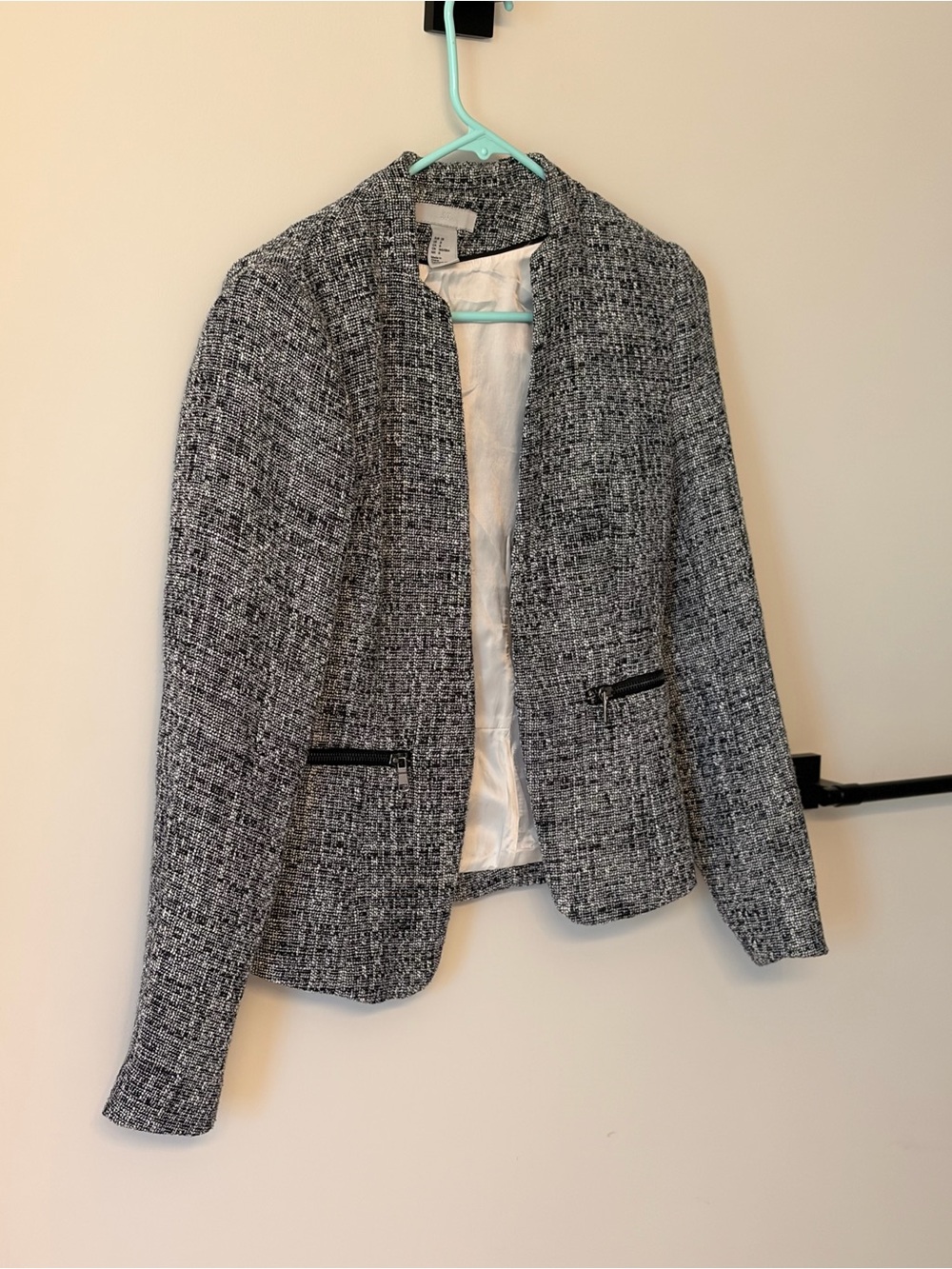 H&M Black and White Tweed Open-Front Blazer